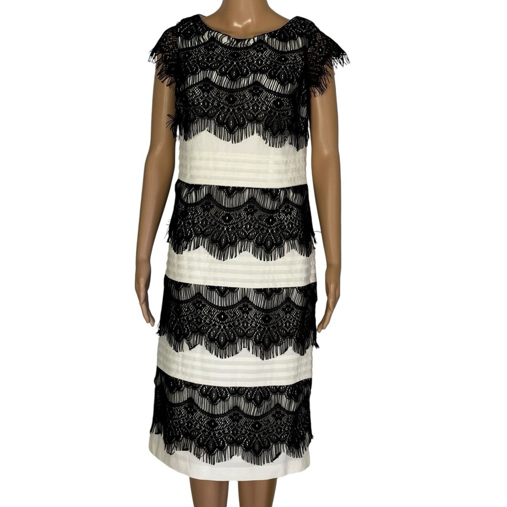 NWT Joanna Hope Black Ivory Lace Fringe Glam Party Sheath Shift Dress Size 6